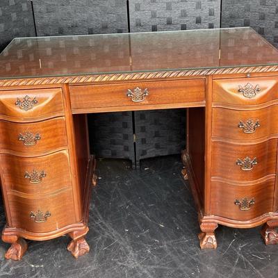 Vintage Mahogany Kneehole Desk with Glass Top