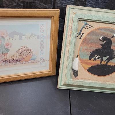 Framed Navajo Sand Painting (11"x11") And Framed Print "Cactus Village"  (11. 5"x10") 