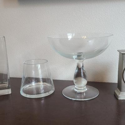 Krosno Polish Large Crystal Pedestal, Geometric Glass Based, Pewter Clock