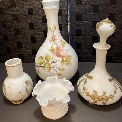 Milk Glass Decanters, Vase & Ruffled Dish 