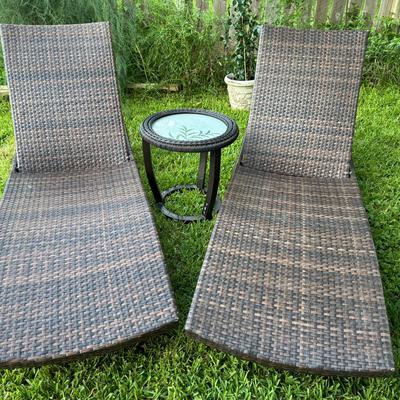Outdoor Wicker Chaise Lounge Set With Round Woven Side Table