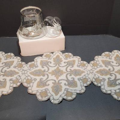 Beaded Gold & Silver Table Runner & 25th Anniversary Glass Lidded Candy Dish