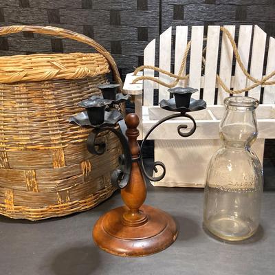 Decorative Basket, Vintage Chestnut Farms Dairy Bottle, Three Way Candleholder, Bench Planter