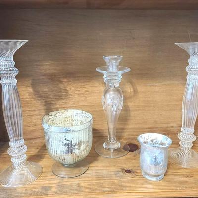 Tall Glass Candlesticks Incl. Swiredl; And Mercury Glass Candleholders