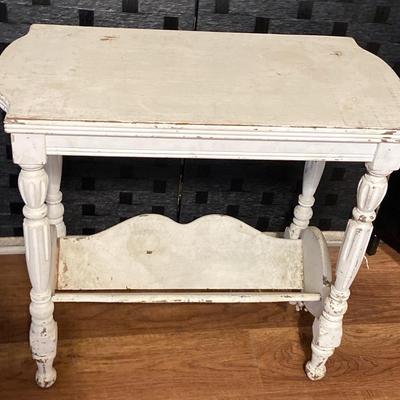 Naturally Distressed White Side Table with Slanted Book Shelf