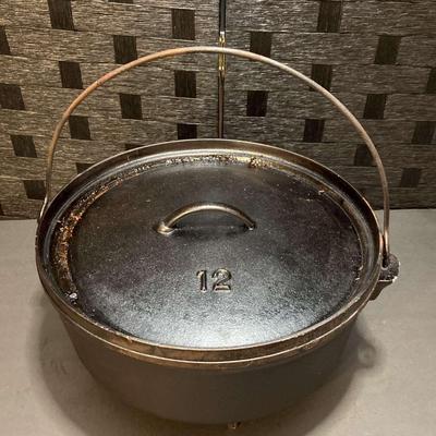 Large Footed Cast Iron Pot Lidded Dutch Oven #12 with Handle (7H”x13W”) 
