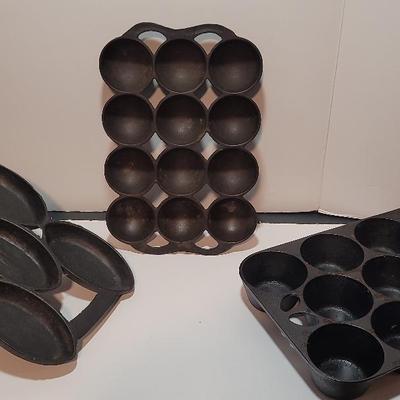 Cast Iron Griswold Muffin Pan, and Two others- Elliptical and Ball Shaped Molds