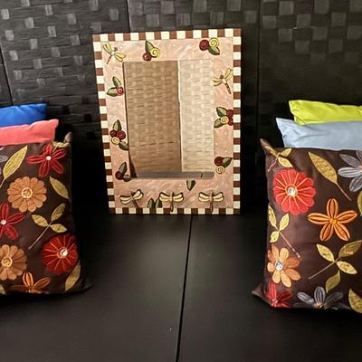 Unique Mirror With Dragon Fly Hooks (24” x 18”) And 5 Silk Throw Pillows