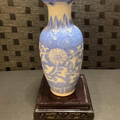Blue & White Floral Ceramic Vase W/ Wooden Stand