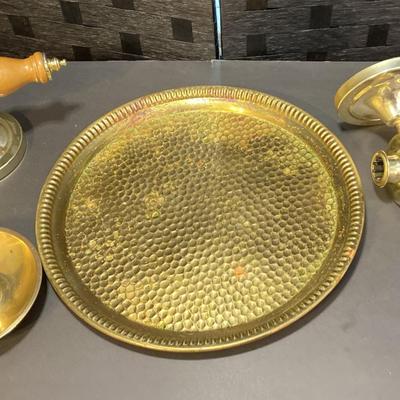 Hammered Brass Tray, Danish Design Brass Candlestick Holder, Gold Toned $ Wooden Sconces 