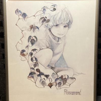 "Garden Child" by Christine Rosamond, a lithograph from 1973 (25”x21”)
