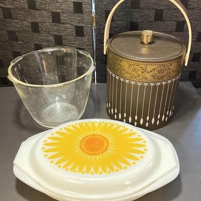 George Briard Ice Bucket, Pyrex Dish (lid Not Original To Base), and Tall Glass Mixing Bowl