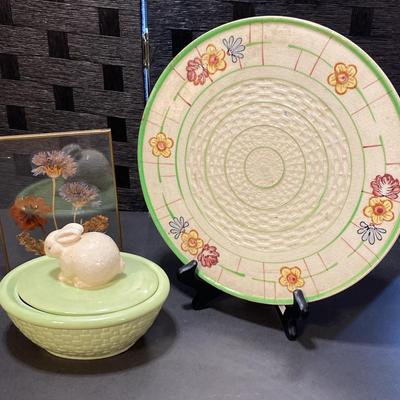 Hand Painted Ceramic Tray, Bunny Dish & Pressed Wildflowers 