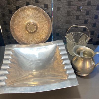 Large Pewter Fruit Bowl, Pewter Pitcher (Holland), Glass Ice Bucked & Silver Plated Tray