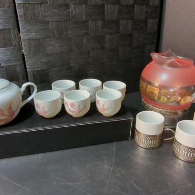 Kuo Bao Tea Pot With 6 Cups & Vintage Pink Pitcher With 4 Cups In Metal Holders