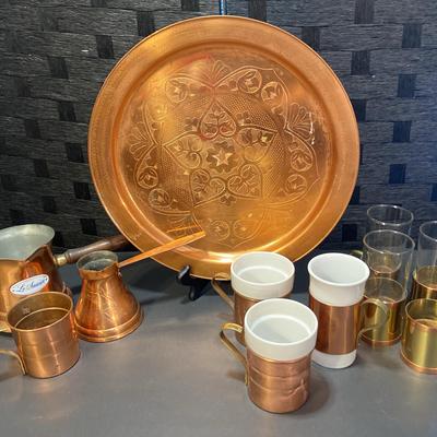 Copper Tray & Various Copper/Brass Cups