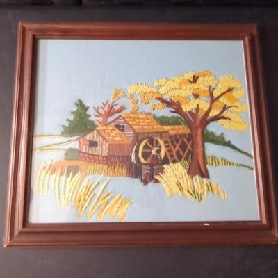 Needlepoint Gristmill Scene, Framed 14" x 16"