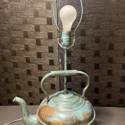 Vintage Copper & Blue Kettle Lamp 23” Tall
