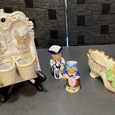 Vintage Chase Occupied Japan Bisque Match Holder, Toby Mugs & Porcelain Shoe