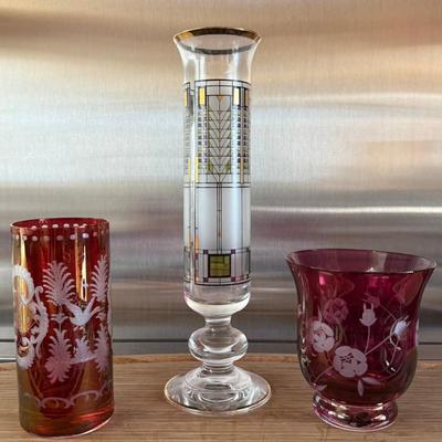 (2) Cezch Cut To Clear Ruby Glasses Or Vases And A Frank Lloyd Wright Omaggio Tree Of Life Bud Vase