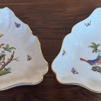 (2)Vintage Hand Painted Herend Hungary Rothschild Bird Porcelain Triangle Serving Dishes With 24k Gold Accents