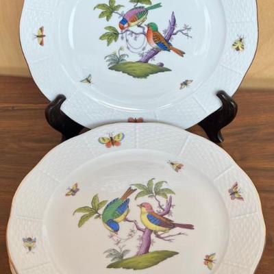 (6) Vintage Hand Painted Herend Hungary Rothschild Bird Porcelain 10" Dinner Plates With 24k Gold Accents 