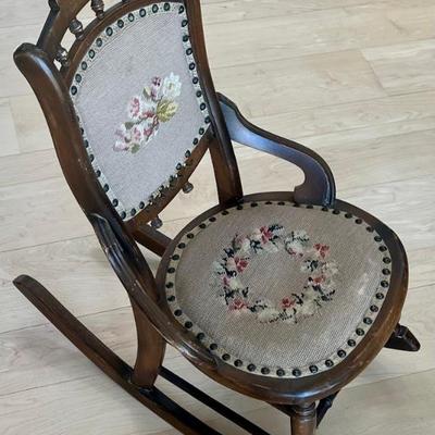 Antique Carved Miniature Rocking Chair With Tapestry Seat And Nail Head Trim