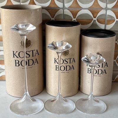 (3) Kosta Boda Fanfare Signed Art Glass Candle Holders With Original Boxes