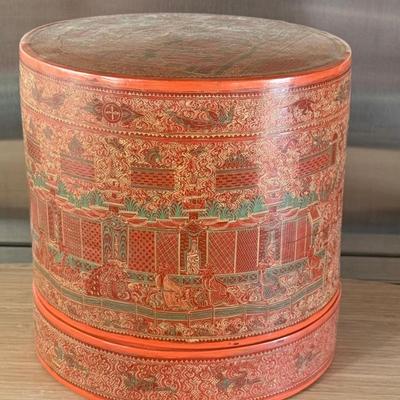 Burmese Asian Red Lacquer Hand Painted Betel Box  