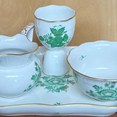 (4) Herend Hungary Hand Painted Porcelain Chinese Green Bouquet Pieces - Egg Cup, Creamer, Tray, Bowl