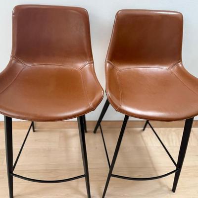 Pair Of Arhaus Brown Leather And Black Wrought Iron Bar Stools