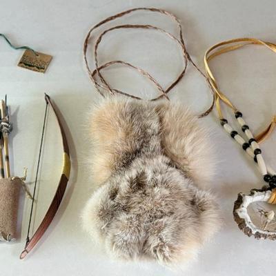 (2) Vintage Native Necklaces With Leather Straps, Fur Paw, Claw And Bone Dream Catcher, Bow With Arrows 