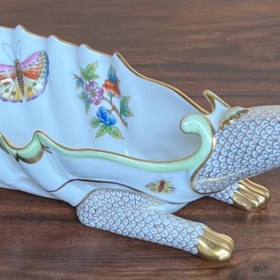 Vintage Hand Painted Herend Hungary Rothschild Bird Porcelain Dragon Dish With 24k Gold Accents 
