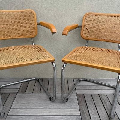 Pair Of MCM Cesca Woven Back And Seat With Chrome Frame Arm Chairs Made In Italy 