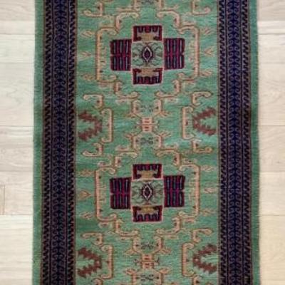 Vintage Silk And Wool Blend Green And Red Geometric Runner With Fringe