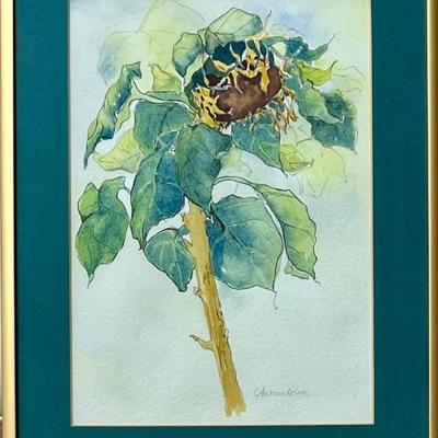 Small Carol Andrus Nelson Sunflower Watercolor Signed In Glass Front Frame