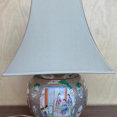 Vintage Chinese Porcelain Table Lamp With Wood Base And Restoration Hardware Shade