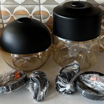 Pair Of Black Metal And Glass Pendant Wired Light Fixtures With Hardware