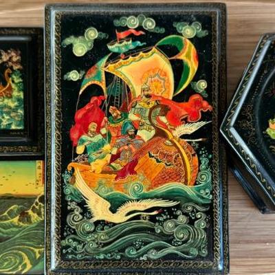 (3) Vintage Russian Lacquer Hand Painted Boxes And An Asian Match Box