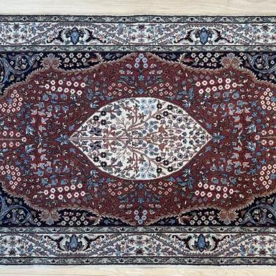 Vintage Hand Knotted Wool And Silk Blend 36" X 65" Rug With Fringe