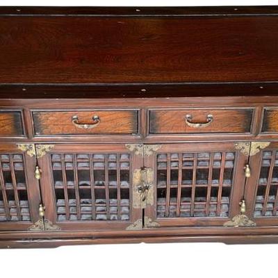 Vintage Small Chinese Cabinet With Brass Pulls And Trim