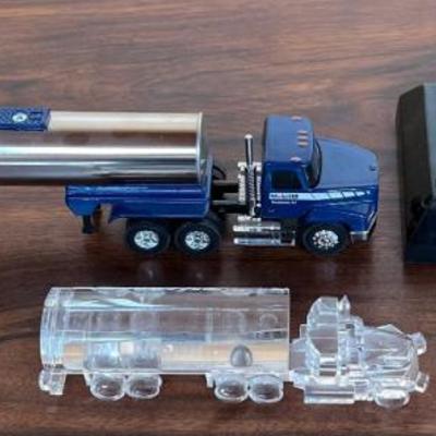 Exxon 1999 Brass Tiger Award, Bill Healy Mobil Crystal Tanker, And A Penjoy Diecast Mobil 1 Tanker