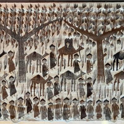 Vintage Wool 80" X 60" Woven Pictorial Kilim With Fringe Attached To Hanging Mount