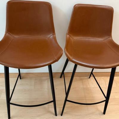 Pair Of Arhaus Brown Leather And Black Wrought Iron Bar Stools