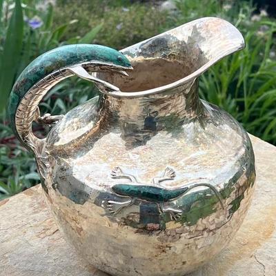 Emilia Castillo Silver Plated Hammered Pitcher With Green Stone Lizard Handle And Inlay 
