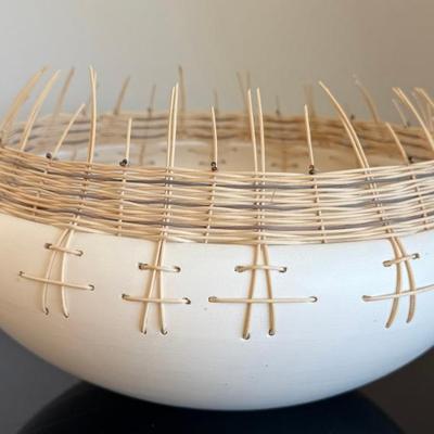 Jacquie Stevens A Winnebago Ceramicist Hand Coiled Pot With Grass Weaving With Original Paperwork