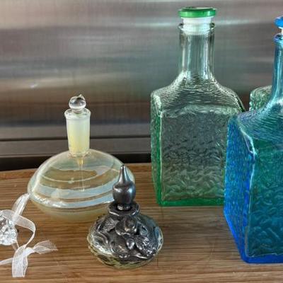 (2) Crystal Hummingbirds, Signed Art Glass Perfume Bottle (as Is), 3 Colored Bottles, Small Glass Perfume 