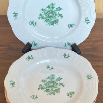 (6) Vintage Hand Painted Herend Hungary Green Bouquet Porcelain 6.5" Side Plates With 24k Gold Accents 