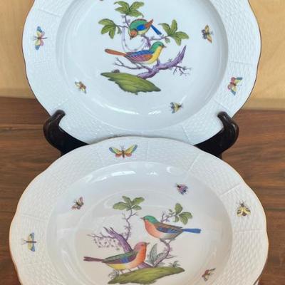 (6) Vintage Hand Painted Herend Hungary Rothschild Bird Porcelain 9.75" Shallow Bowls With 24k Gold Accents 