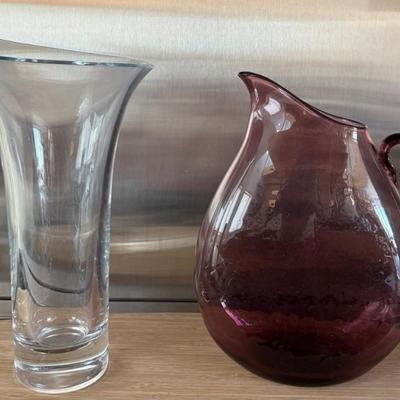 MCM Blenko Glass Handled Purple Pitcher And A Vintage Rosenthal Calla Crystal Art Glass Vase (As Is)